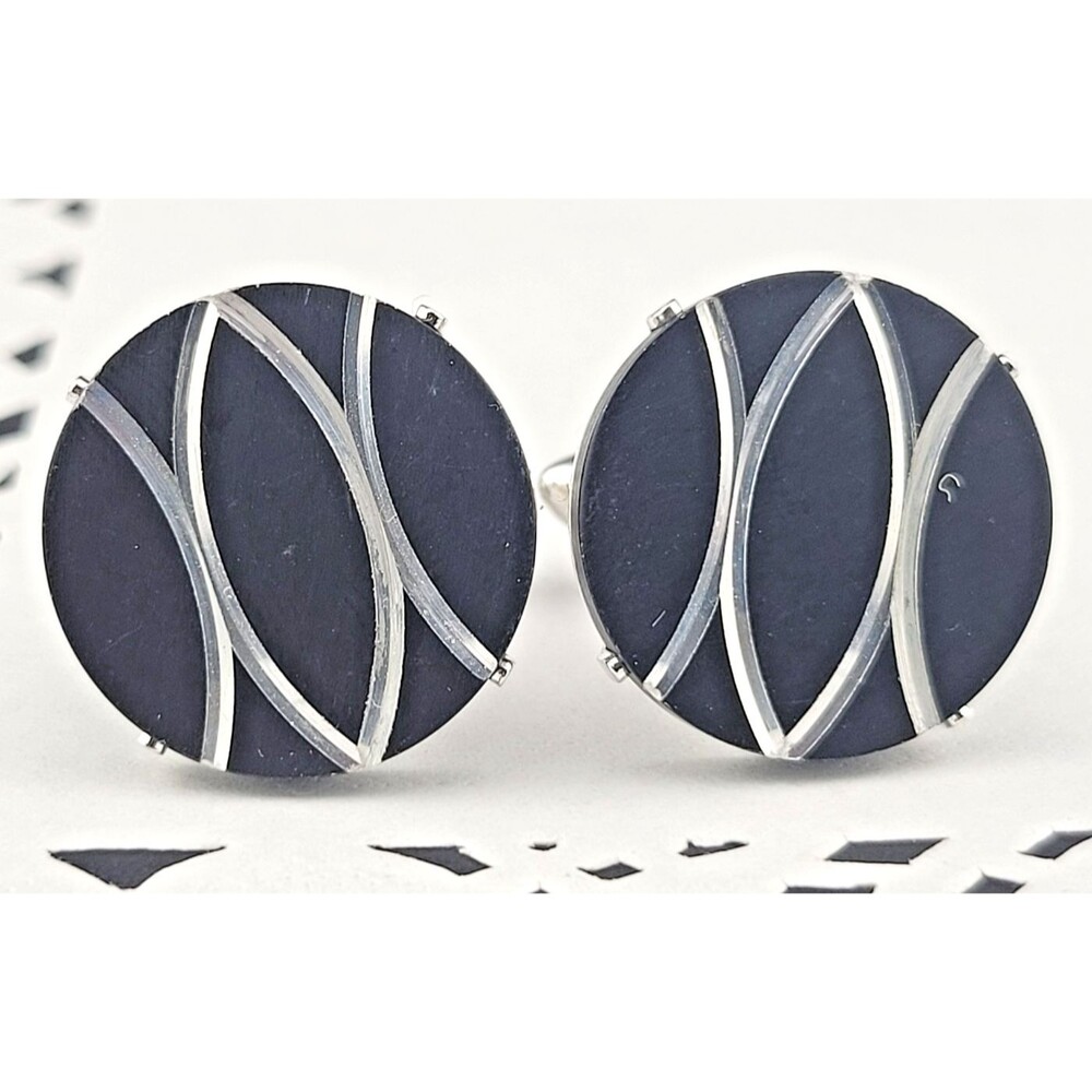 Mid Century Modern Signed Swank Steel Cut Black Oxidized Aluminum 3/4" Cufflinks